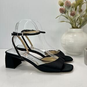 Badgley Mischka Infinity Crystal Satin Block-Heel Sandals Black Ankle Strap US 7